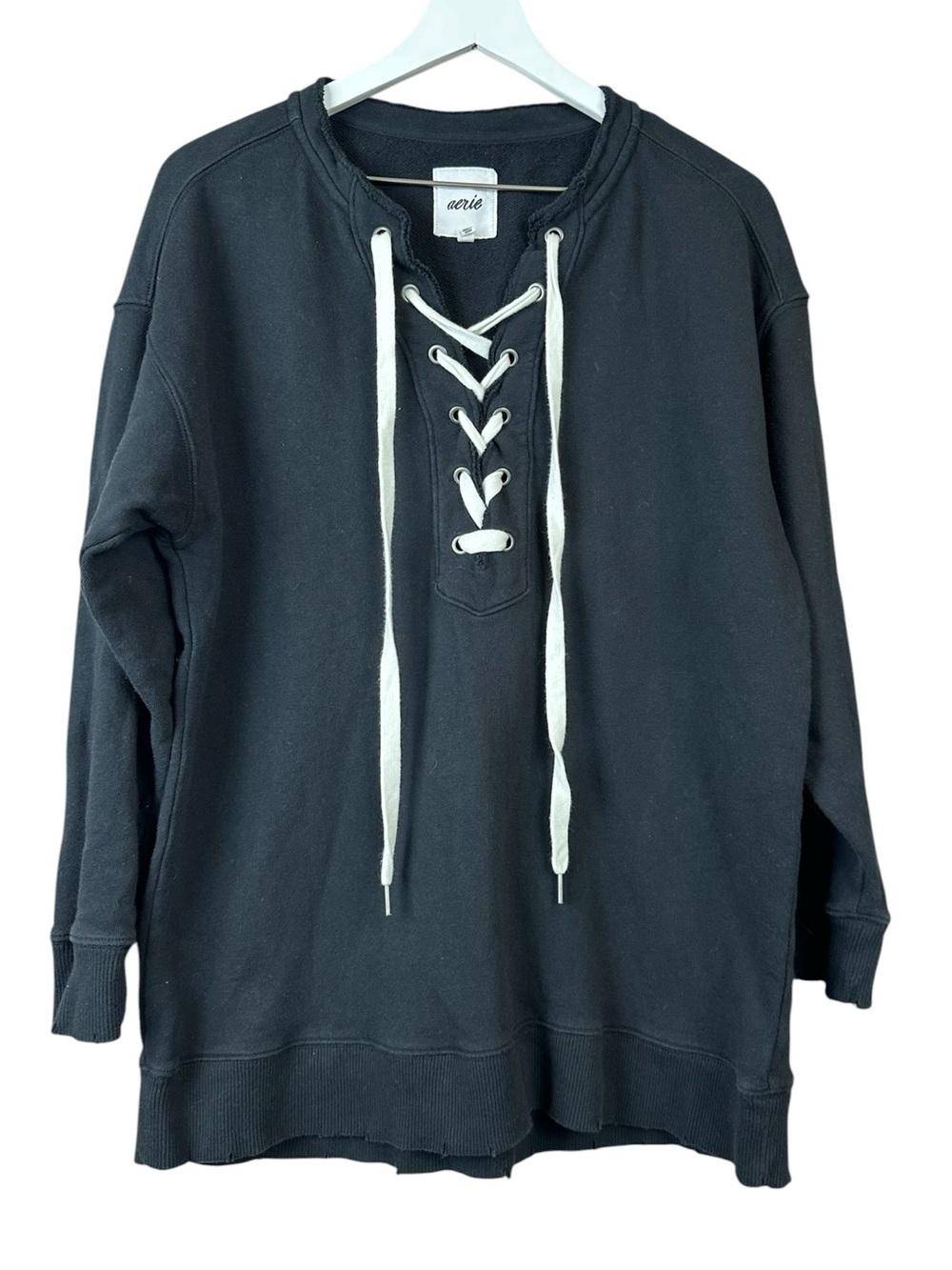 Aerie Black Lace Up Pullover Sweatshirt Women Sz XS